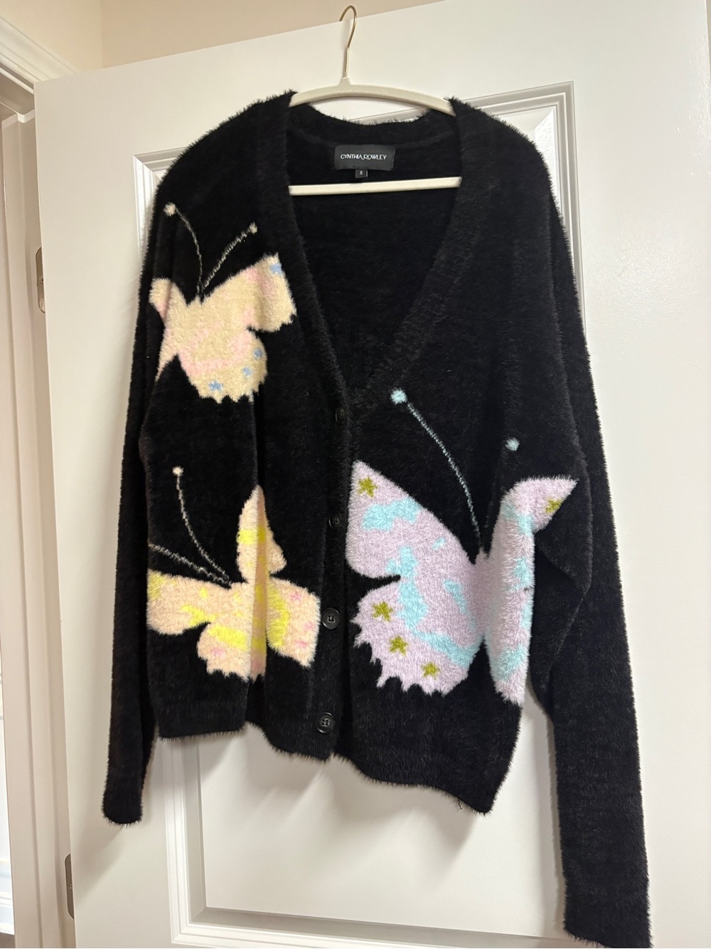 Cynthia Rowley Black Cardigan with Pastel Butterfly Motifs